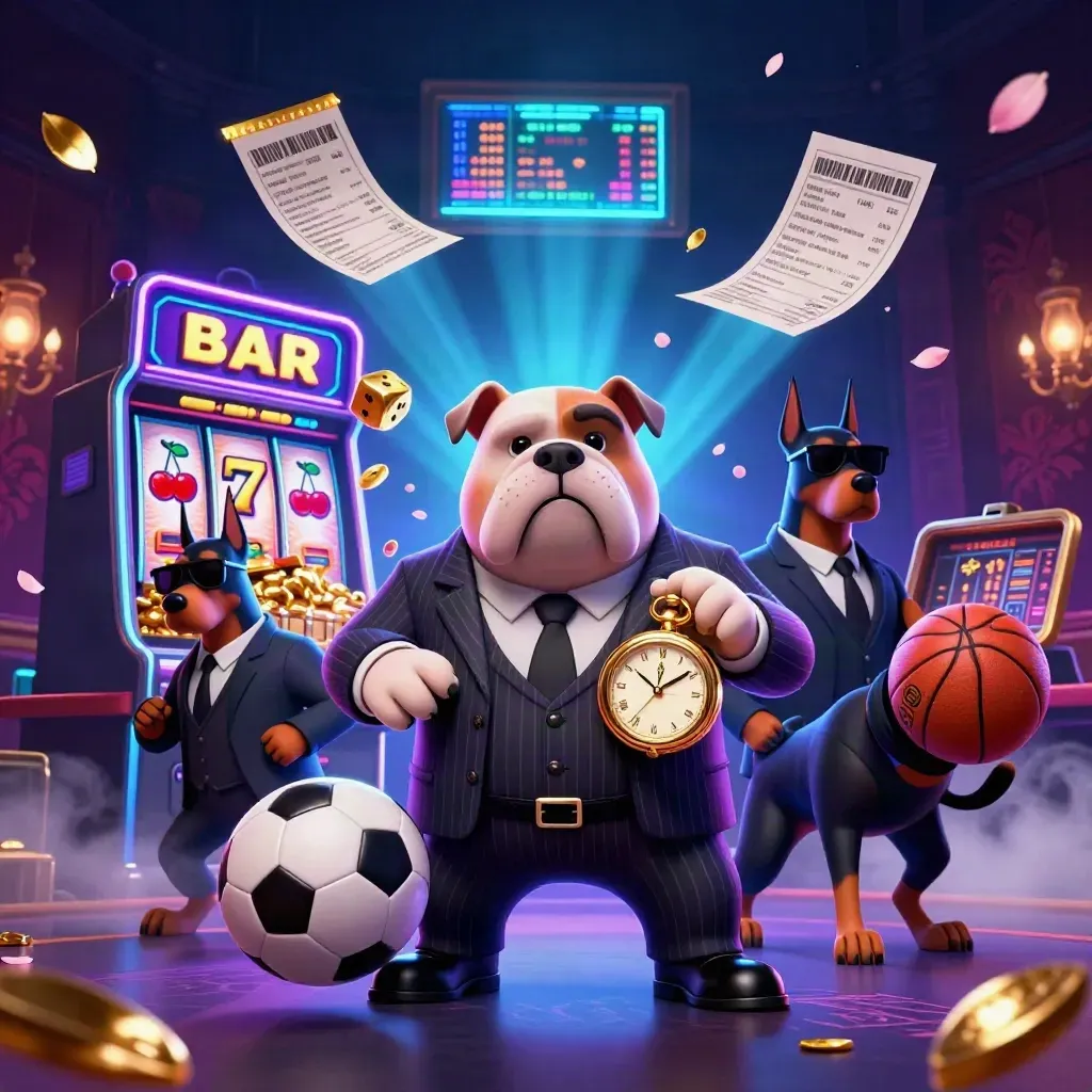 Bulldog casino bosses amid flying sports balls, slot symbols, gold, and cosmic neon glow.