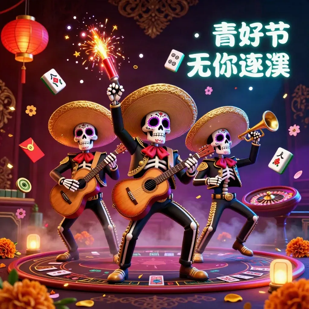 Skeleton mariachi trio in neon casino glow with lanterns, coins, petals, and roulette wheel