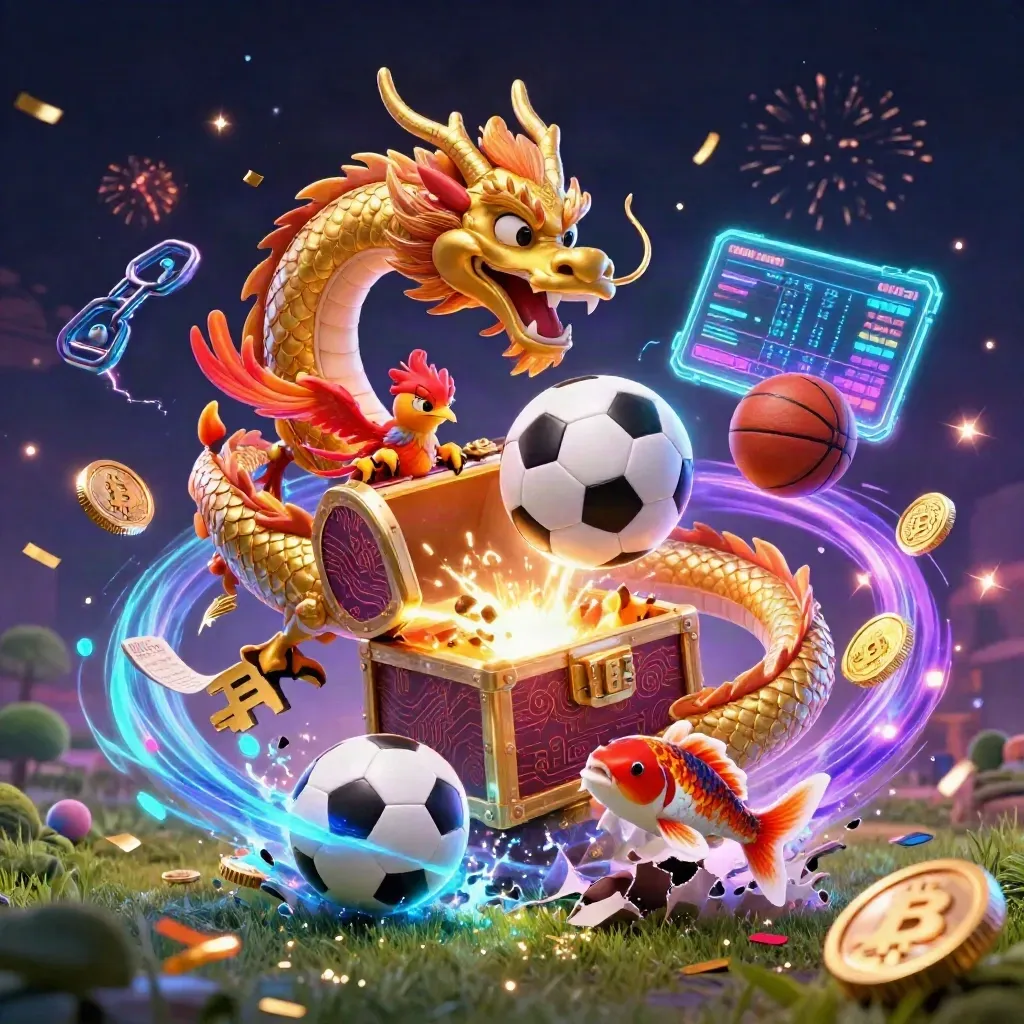 Golden dragon, phoenix, koi, and sports balls burst amid neon casino coins and cosmic energy.