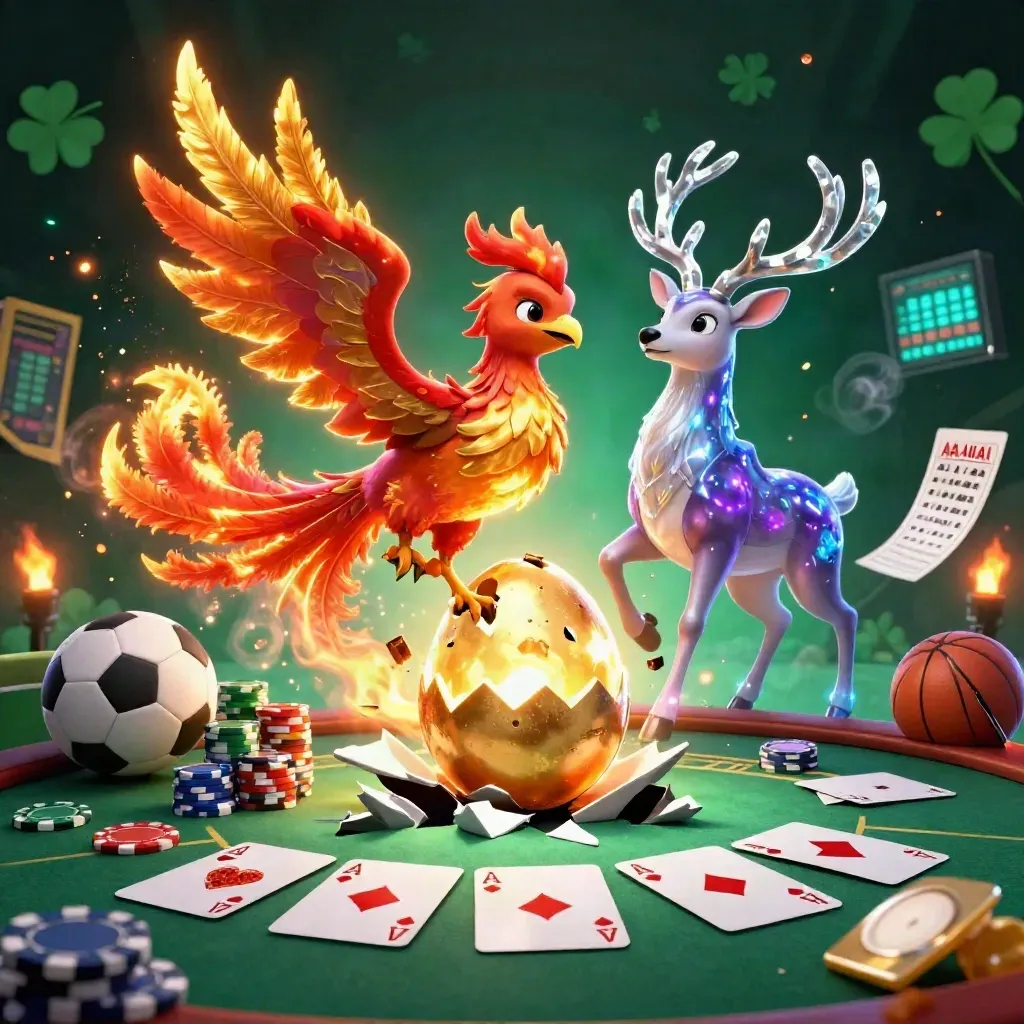 Phoenix, baby phoenix, stag, poker chips and sports balls burst in a cosmic casino scene.