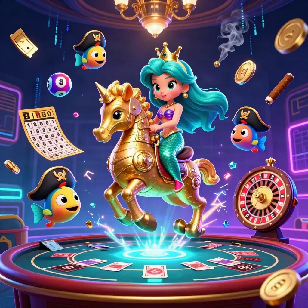 Mermaid princess on a golden seahorse amid casino lights, lottery balls, wheel, cards, and neon glow.