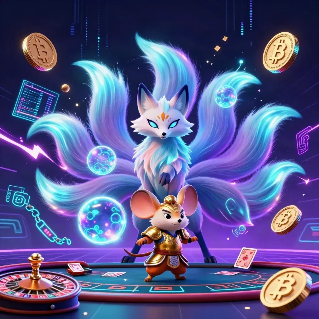 Nine-tailed fox spirit and armored mouse amid neon casino tech, crypto coins, and a roulette wheel