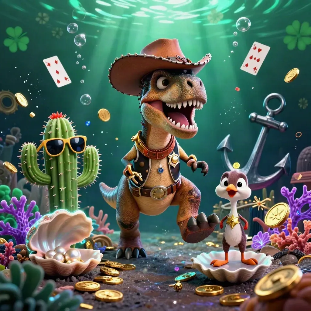 Cowboy T-Rex, cactus sidekick, and sheriff roadrunner in a neon underwater treasure cove.