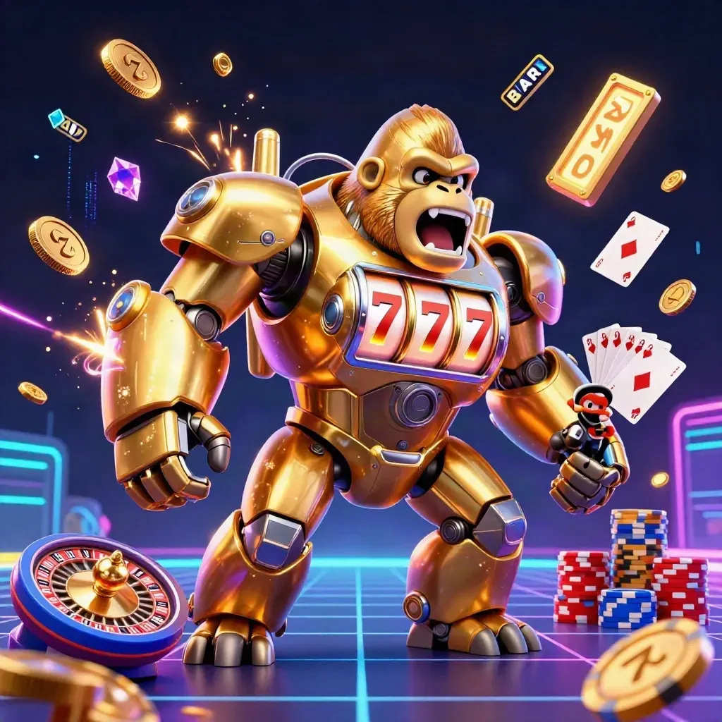 Golden gorilla mech with monkey pilot amid coins, cards, chips, roulette wheel and neon cosmic effects