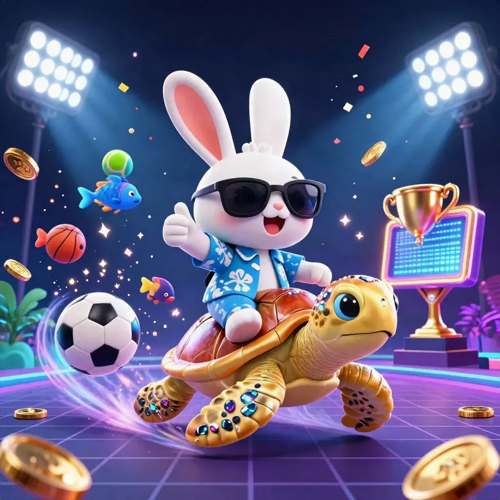 Lucky rabbit rides a golden sea turtle through neon casino cosmic action with sports balls and treasure