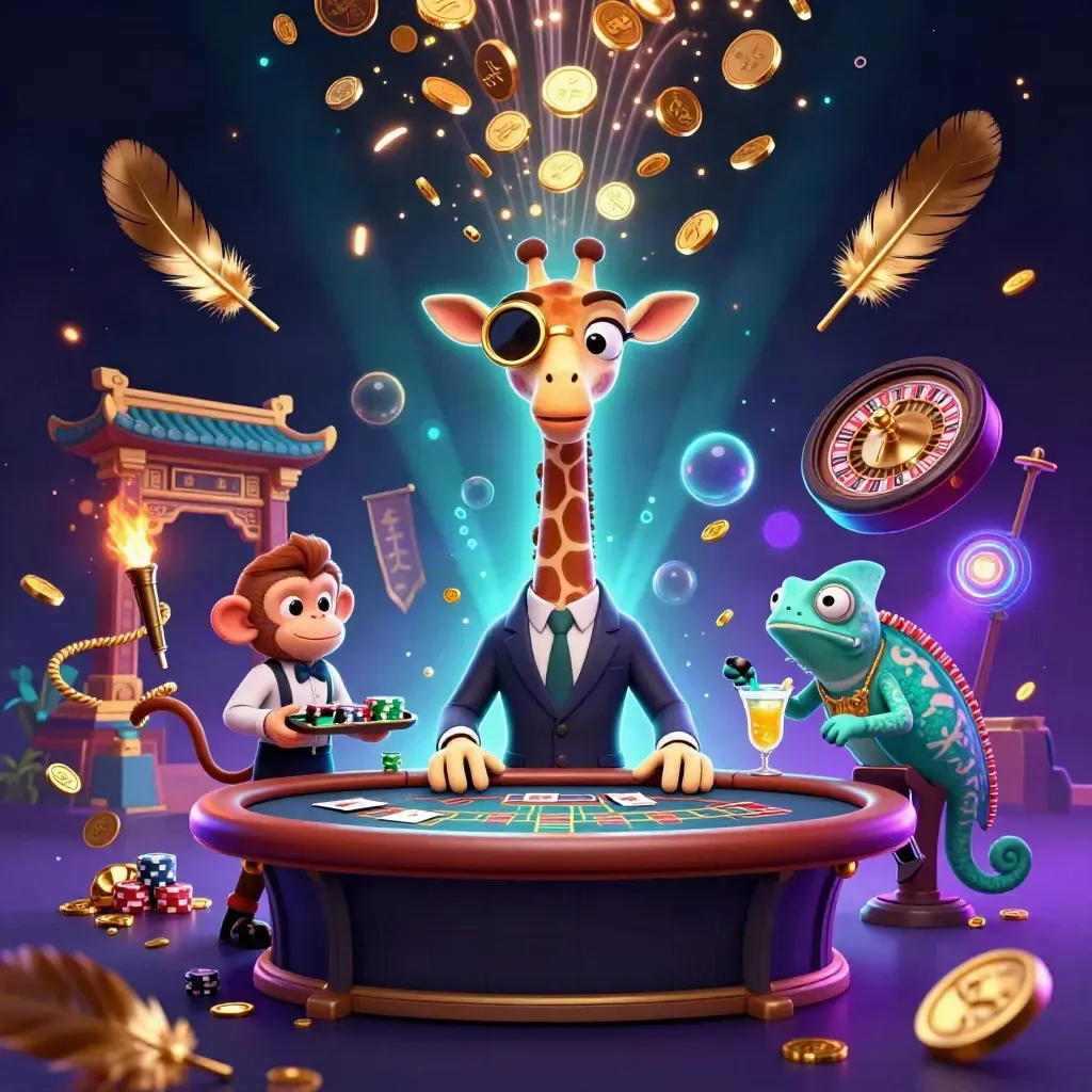 Giraffe, monkey valet, and chameleon bartender amid a vault burst, coins, fireworks, and casino gear