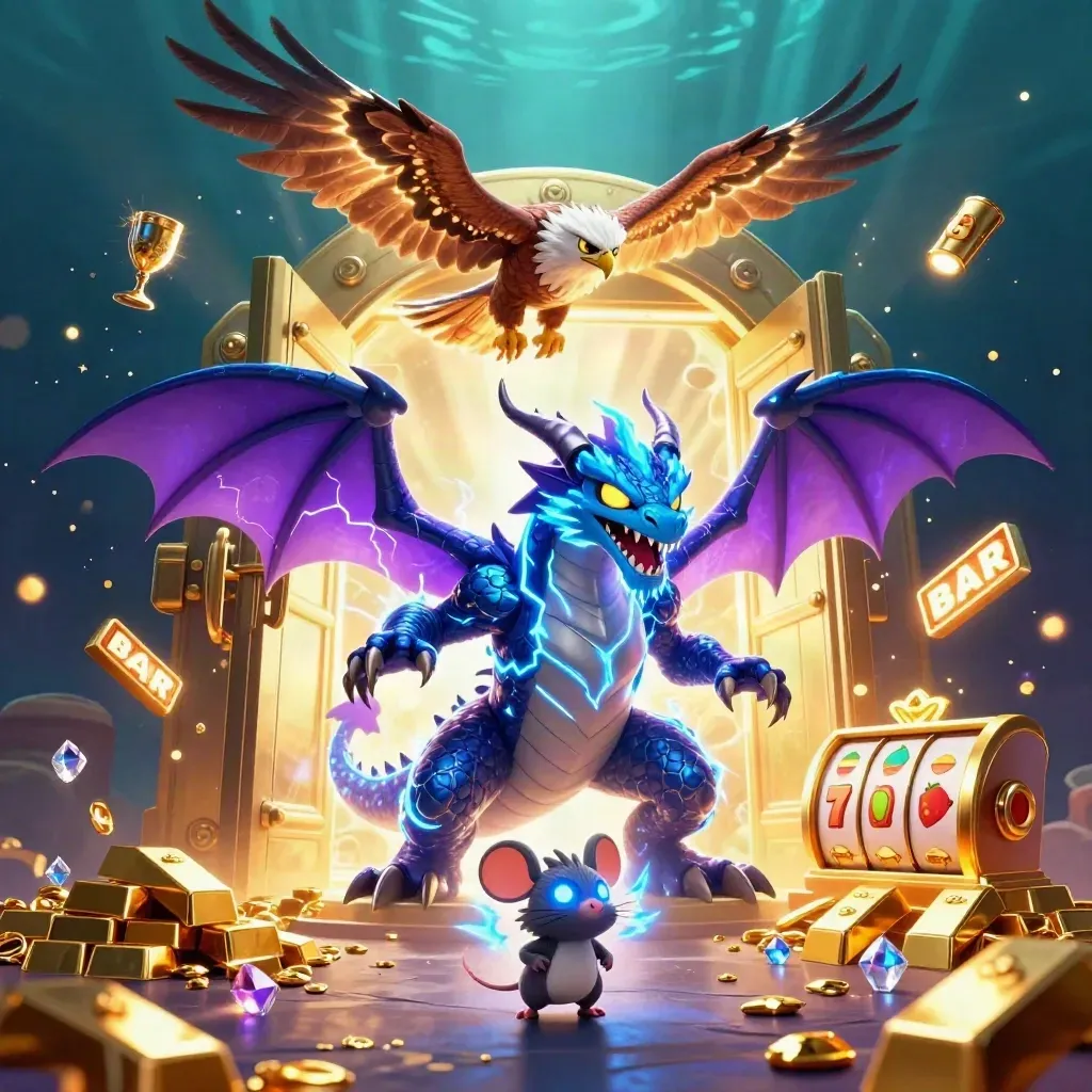 Thunder dragon, hawk, and mouse amid treasure vault, gems, reels, and cosmic casino glow.
