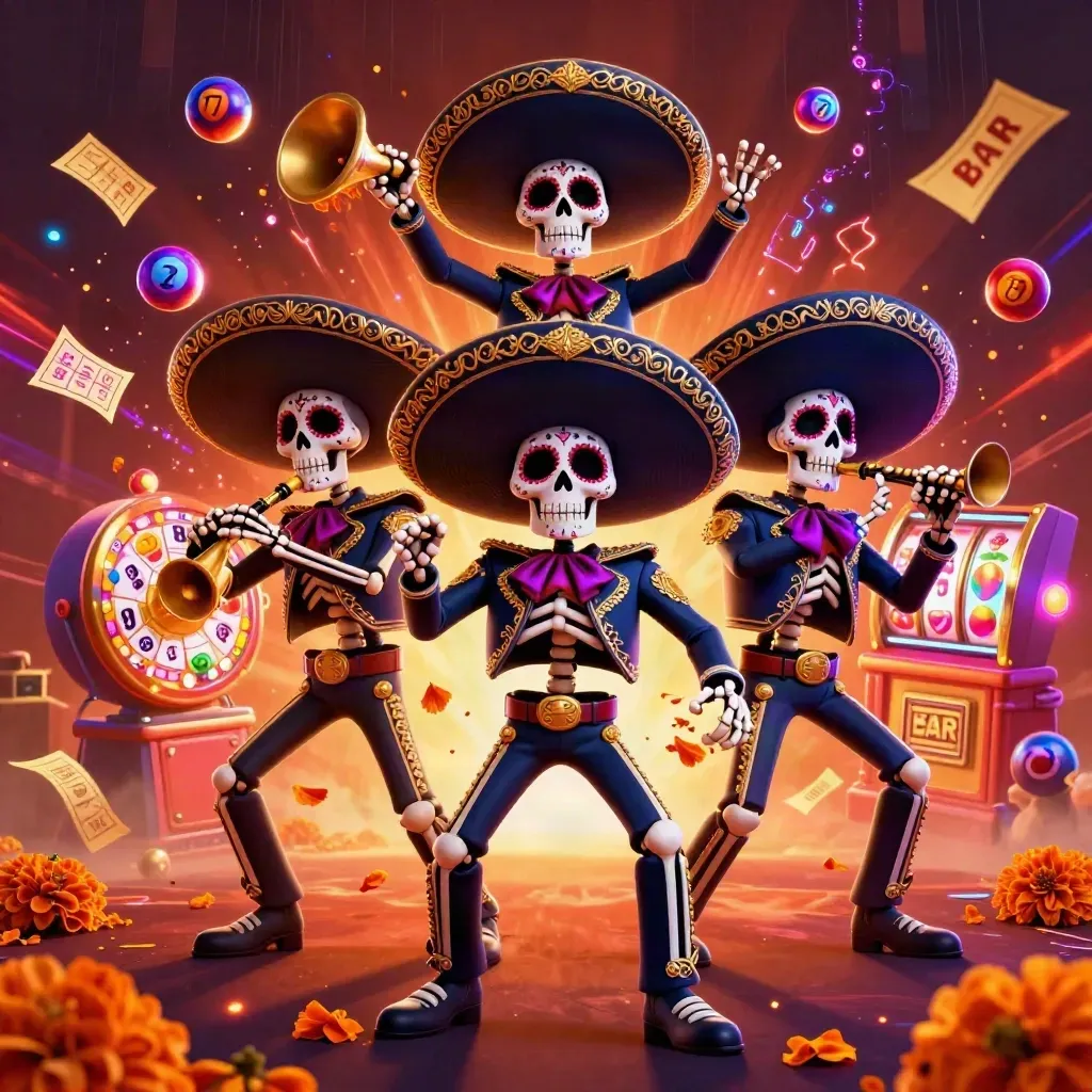 Skeleton mariachi trio with casino symbols, neon sparks, and cosmic glow.